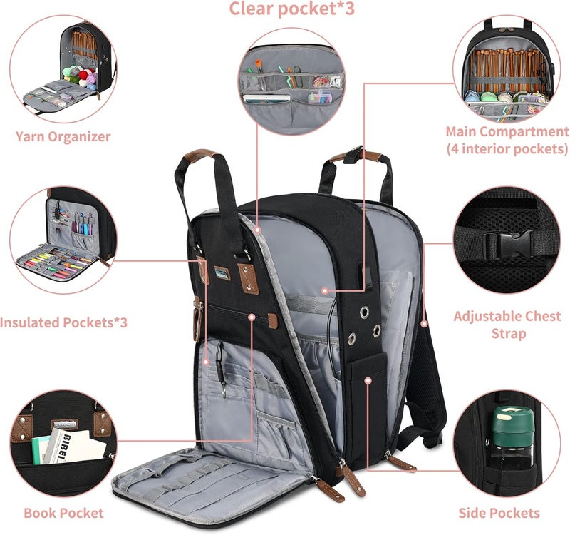 SINVICKO Crochet Bag, Knitting Bag Backpack and Totes Organizer with USB Charging Port, Large Yarn Storage Tote Bag - Image 3